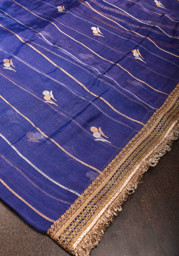 Blue Tissue Silk Saree with Sona Rupa Zari Buttas and Lace Trim Border | SILK MARK CERTIFIED