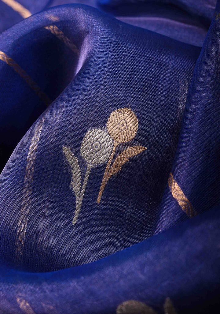 Blue Tissue Silk Saree with Sona Rupa Zari Buttas and Lace Trim Border | SILK MARK CERTIFIED