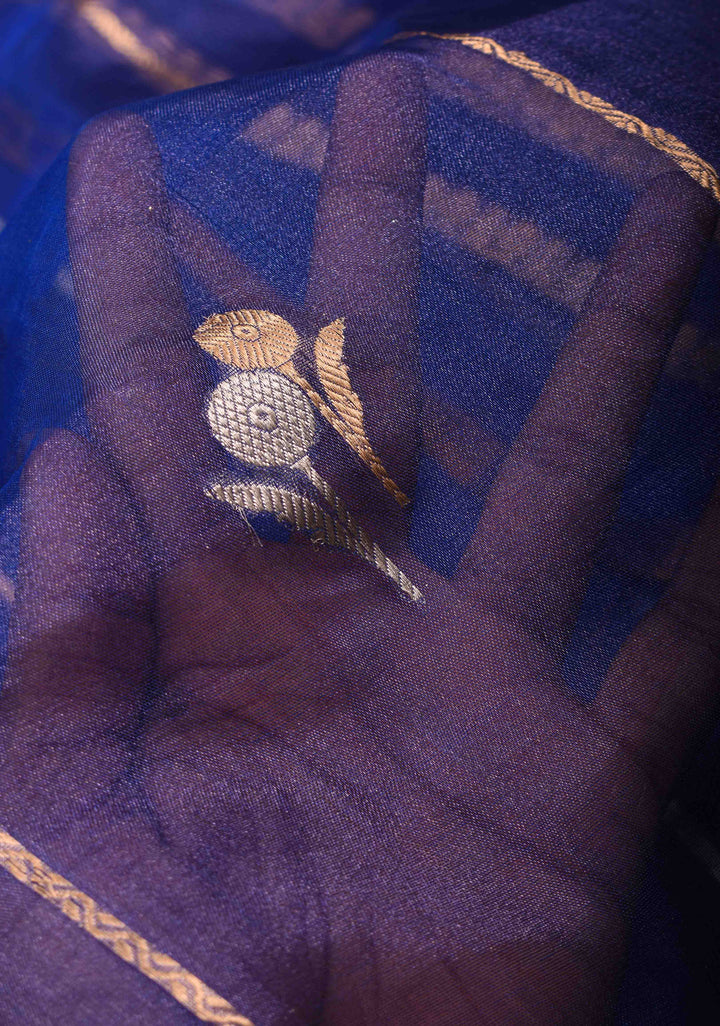 Blue Tissue Silk Saree with Sona Rupa Zari Buttas and Lace Trim Border | SILK MARK CERTIFIED