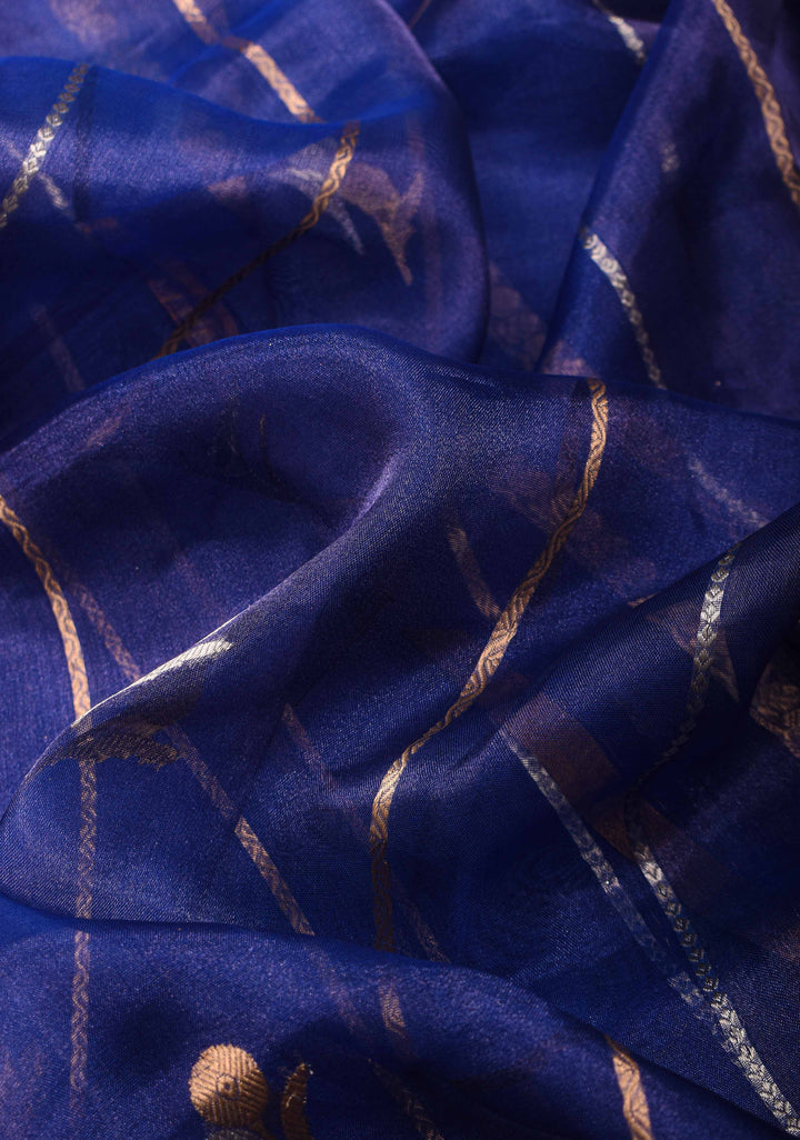 Blue Tissue Silk Saree with Sona Rupa Zari Buttas and Lace Trim Border | SILK MARK CERTIFIED