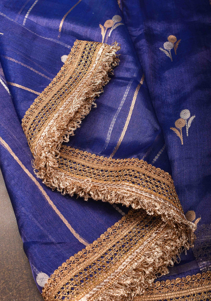 Blue Tissue Silk Saree with Sona Rupa Zari Buttas and Lace Trim Border | SILK MARK CERTIFIED