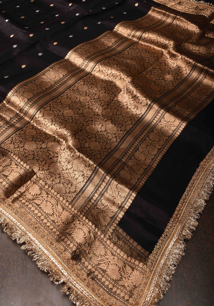Black Banarasi Tissue Handloom Silk Saree with Sona Rupa Buttis and Lace Border | SILK MARK CERTIFIED
