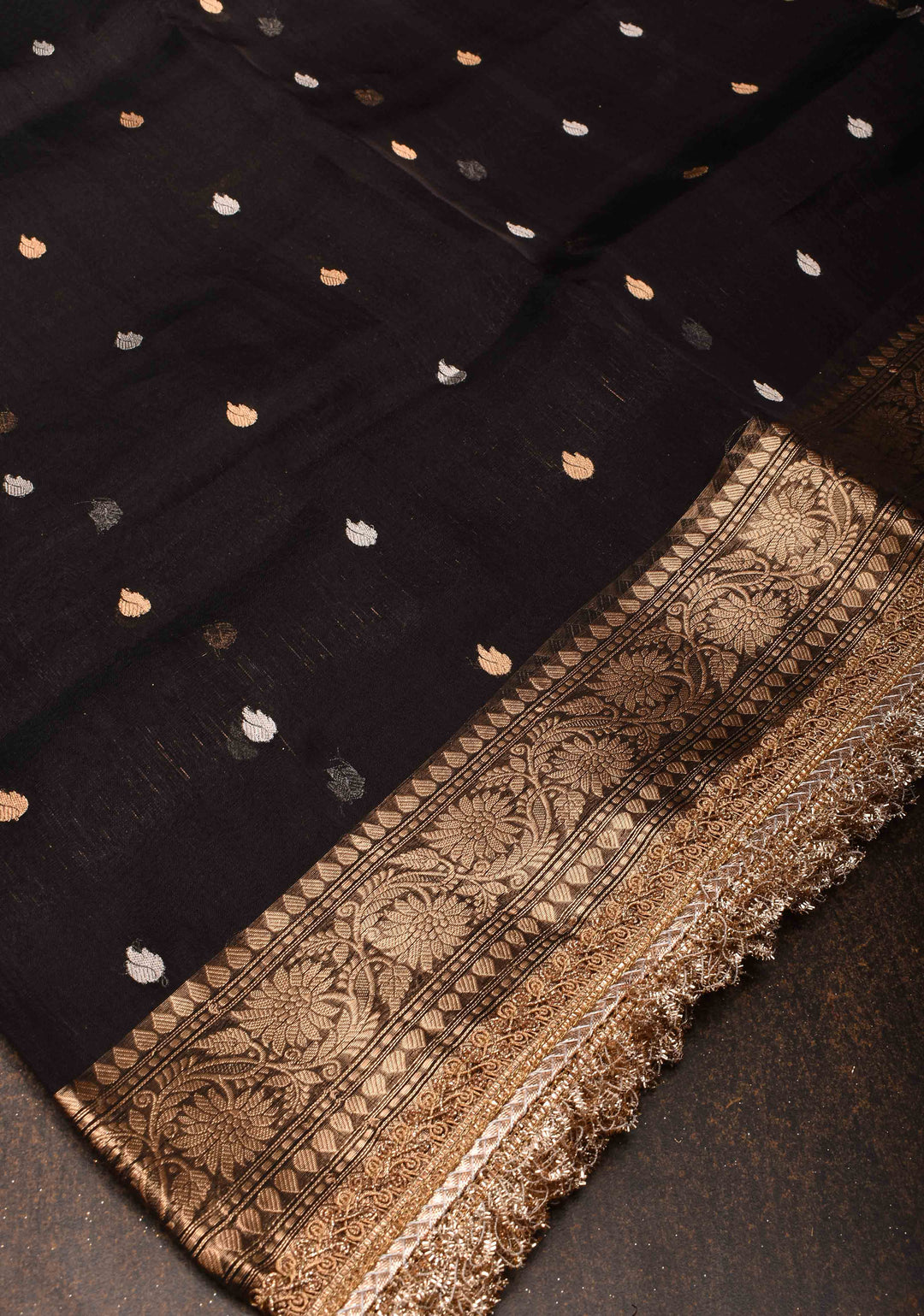 Black Banarasi Tissue Handloom Silk Saree with Sona Rupa Buttis and Lace Border | SILK MARK CERTIFIED