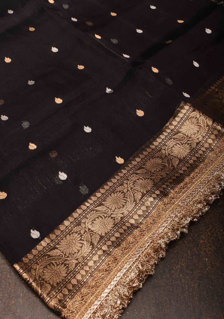 Black Banarasi Tissue Handloom Silk Saree with Sona Rupa Buttis and Lace Border | SILK MARK CERTIFIED