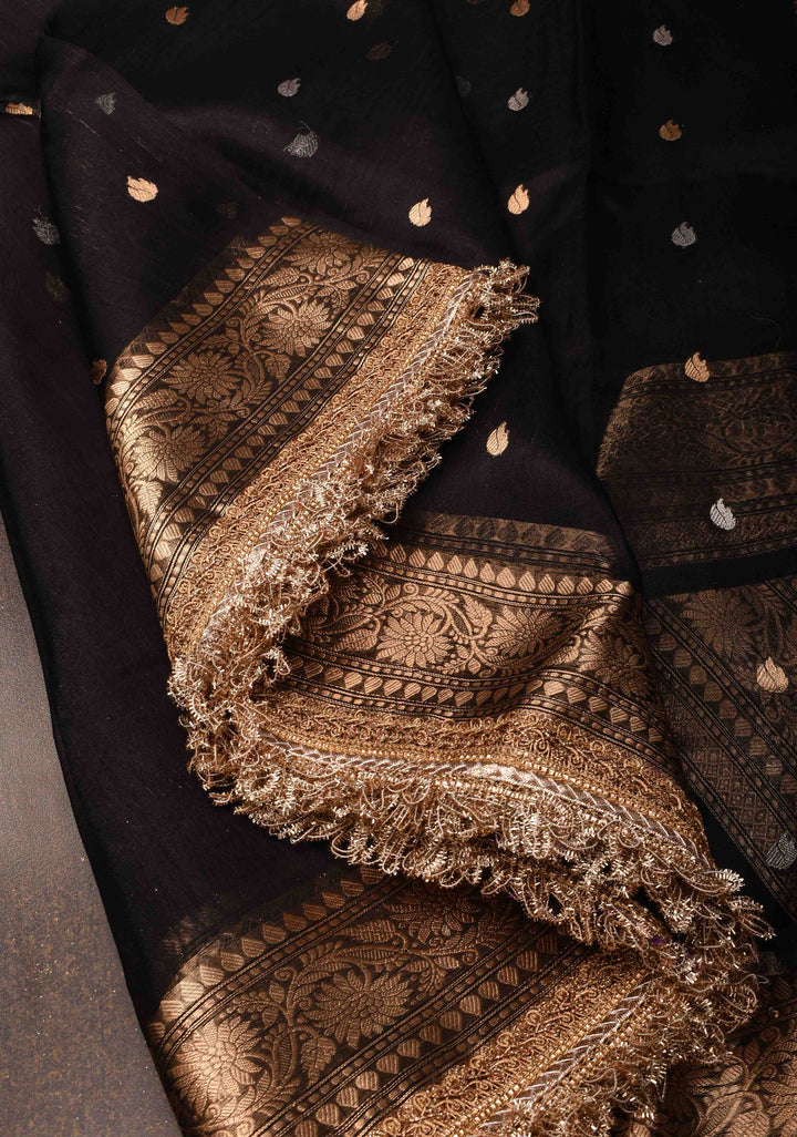 Black Banarasi Tissue Handloom Silk Saree with Sona Rupa Buttis and Lace Border | SILK MARK CERTIFIED