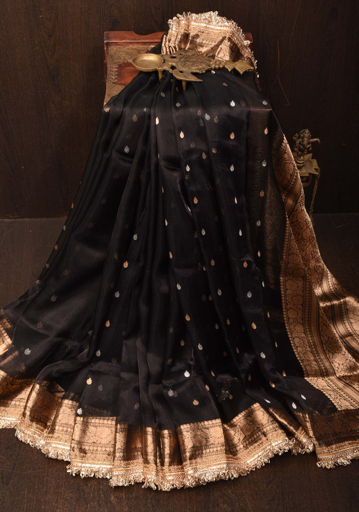Black Banarasi Tissue Handloom Silk Saree with Sona Rupa Buttis and Lace Border | SILK MARK CERTIFIED