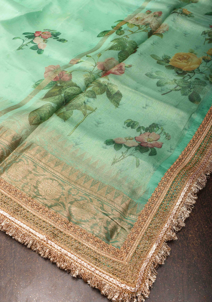 Sea Green Pure Organza Silk Saree with Floral Digital Print and Lace Trim Border| SILK MARK CERTIFIED