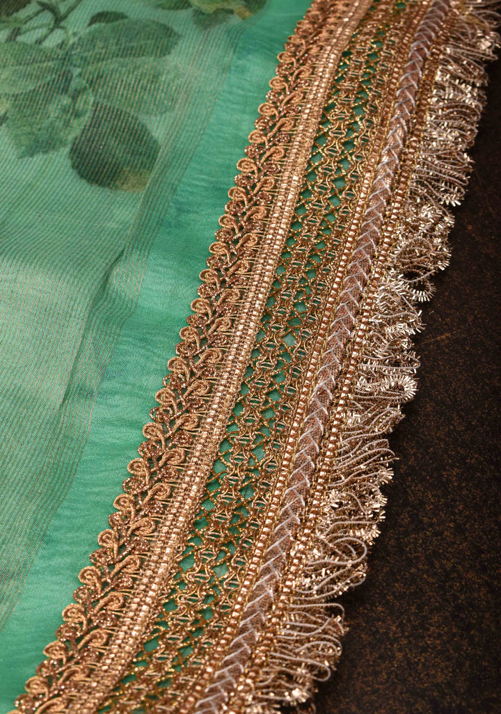 Sea Green Pure Organza Silk Saree with Floral Digital Print and Lace Trim Border| SILK MARK CERTIFIED