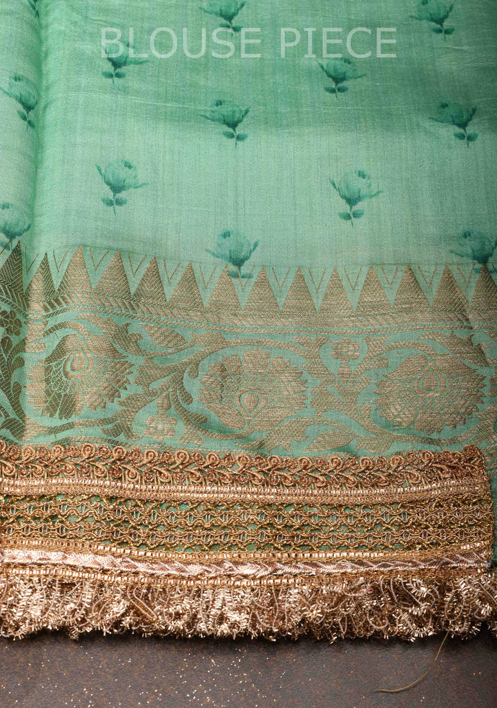 Sea Green Pure Organza Silk Saree with Floral Digital Print and Lace Trim Border| SILK MARK CERTIFIED