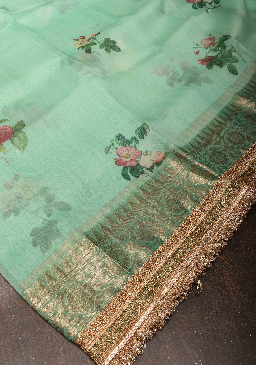 Sea Green Pure Organza Silk Saree with Floral Digital Print and Lace Trim Border| SILK MARK CERTIFIED