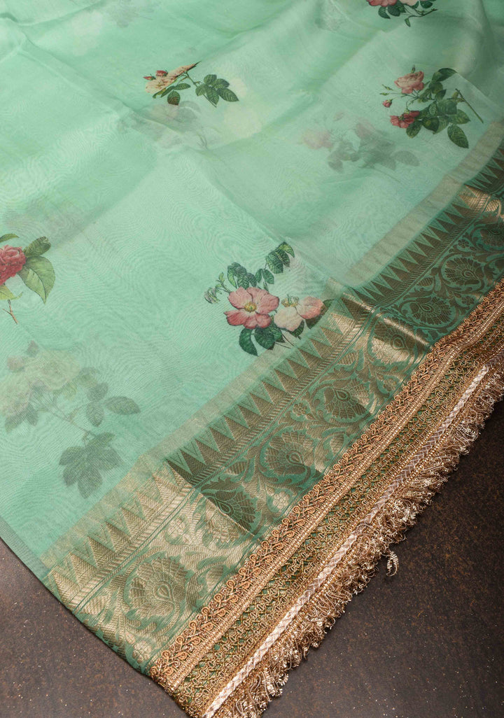 Sea Green Pure Organza Silk Saree with Floral Digital Print and Lace Trim Border| SILK MARK CERTIFIED