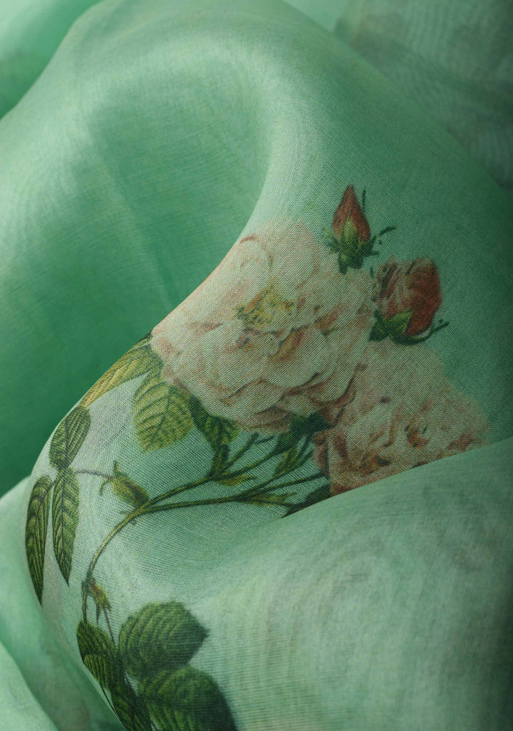 Sea Green Pure Organza Silk Saree with Floral Digital Print and Lace Trim Border| SILK MARK CERTIFIED