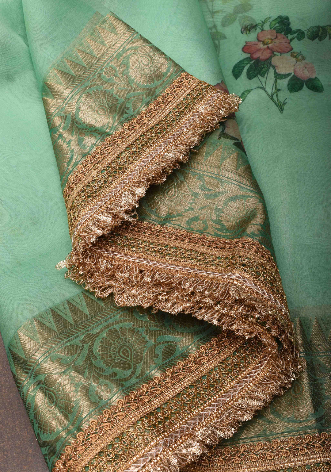 Sea Green Pure Organza Silk Saree with Floral Digital Print and Lace Trim Border| SILK MARK CERTIFIED