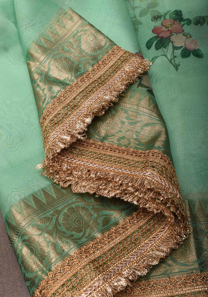 Sea Green Pure Organza Silk Saree with Floral Digital Print and Lace Trim Border| SILK MARK CERTIFIED