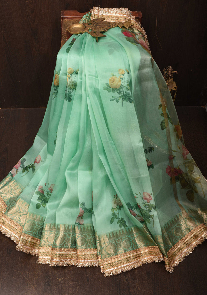 Sea Green Pure Organza Silk Saree with Floral Digital Print and Lace Trim Border| SILK MARK CERTIFIED