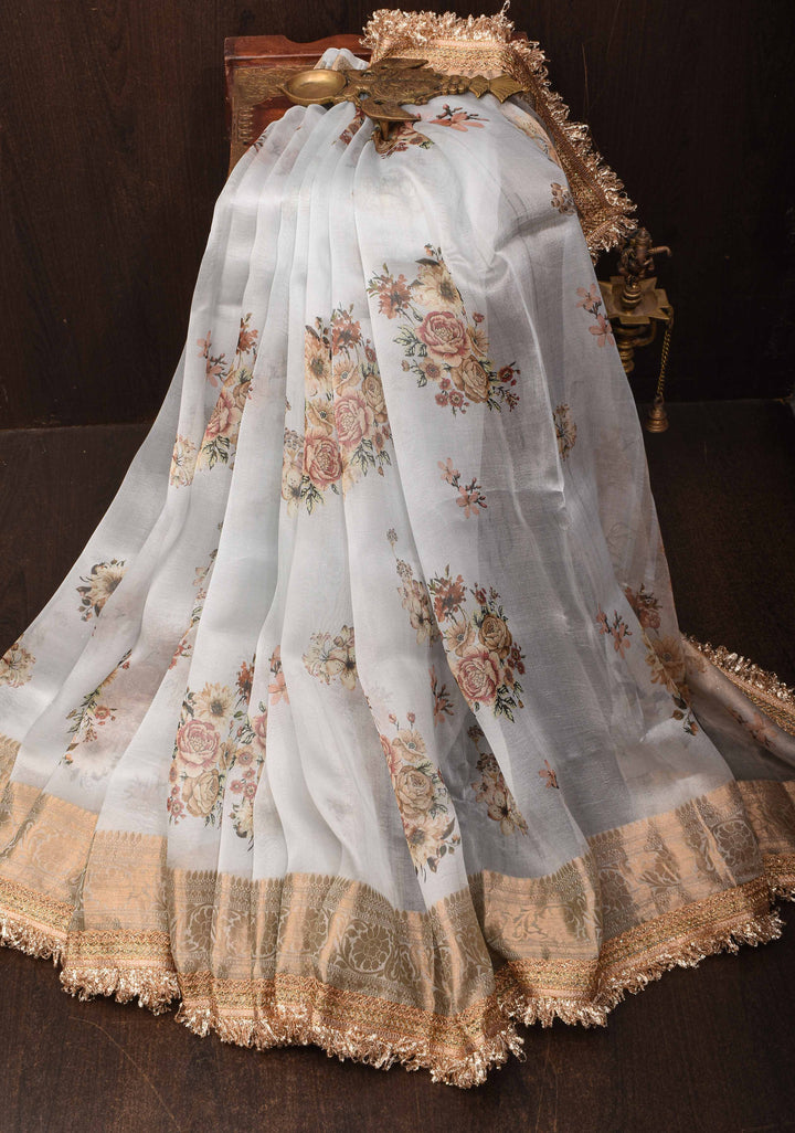 Powder Blue Pure Organza Silk Saree with Floral Digital Print and Lace Trim Border| SILK MARK CERTIFIED