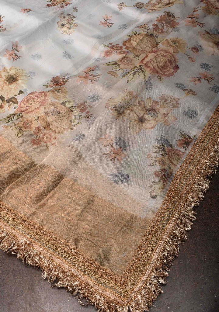 Powder Blue Pure Organza Silk Saree with Floral Digital Print and Lace Trim Border| SILK MARK CERTIFIED