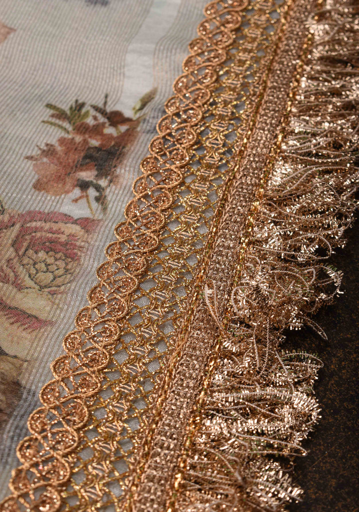 Powder Blue Pure Organza Silk Saree with Floral Digital Print and Lace Trim Border| SILK MARK CERTIFIED