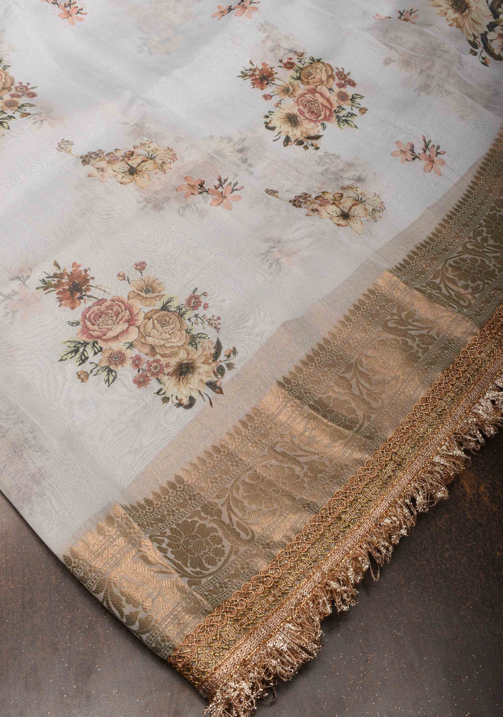 Powder Blue Pure Organza Silk Saree with Floral Digital Print and Lace Trim Border| SILK MARK CERTIFIED