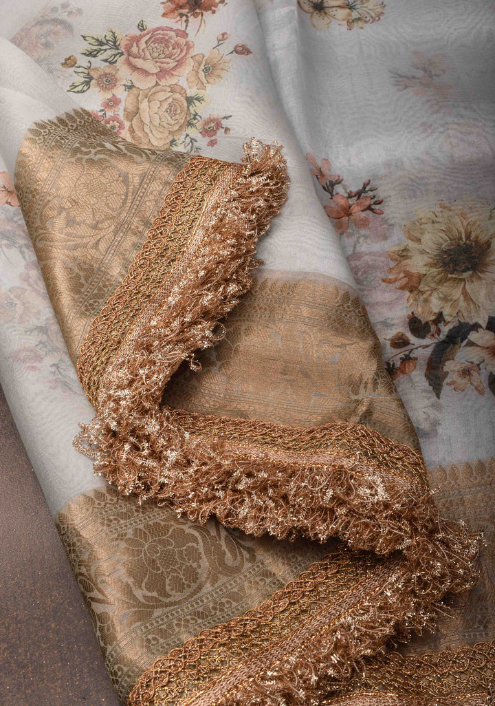 Powder Blue Pure Organza Silk Saree with Floral Digital Print and Lace Trim Border| SILK MARK CERTIFIED