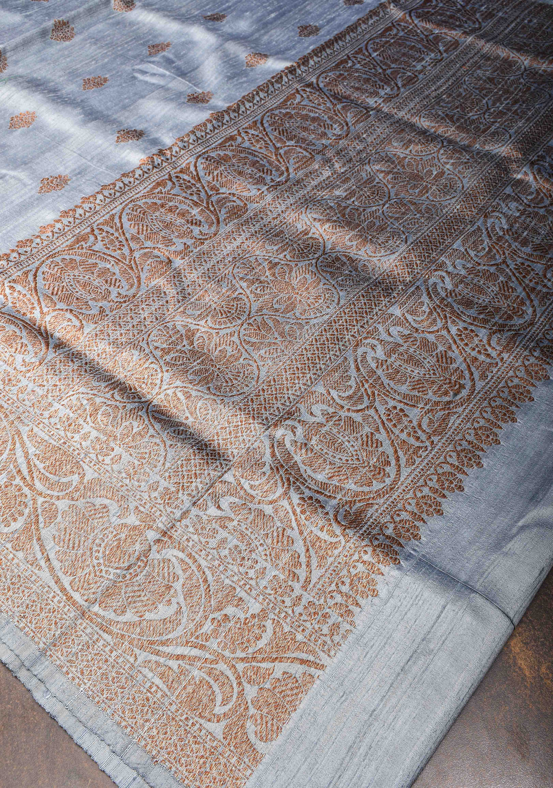 Gray Banarasi Raw Silk Saree with Antique Zari Buttas and Zari Border | SILK MARK CERTIFIED