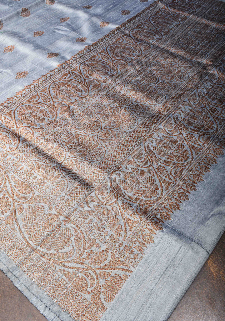 Gray Banarasi Raw Silk Saree with Antique Zari Buttas and Zari Border | SILK MARK CERTIFIED