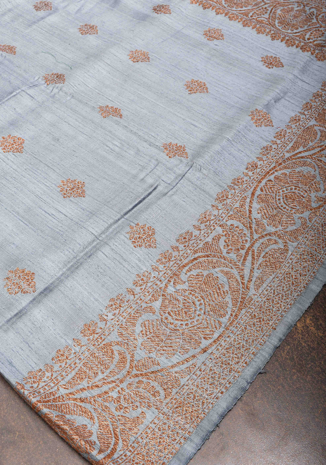 Gray Banarasi Raw Silk Saree with Antique Zari Buttas and Zari Border | SILK MARK CERTIFIED