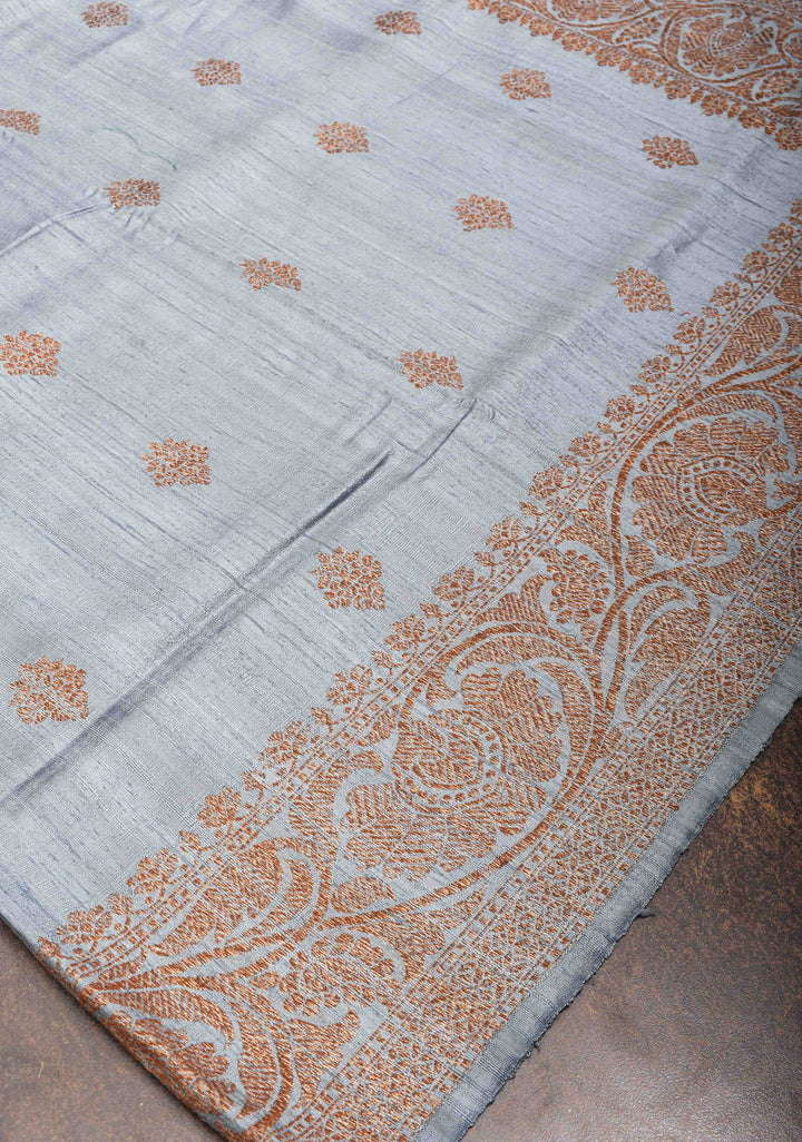 Gray Banarasi Raw Silk Saree with Antique Zari Buttas and Zari Border | SILK MARK CERTIFIED