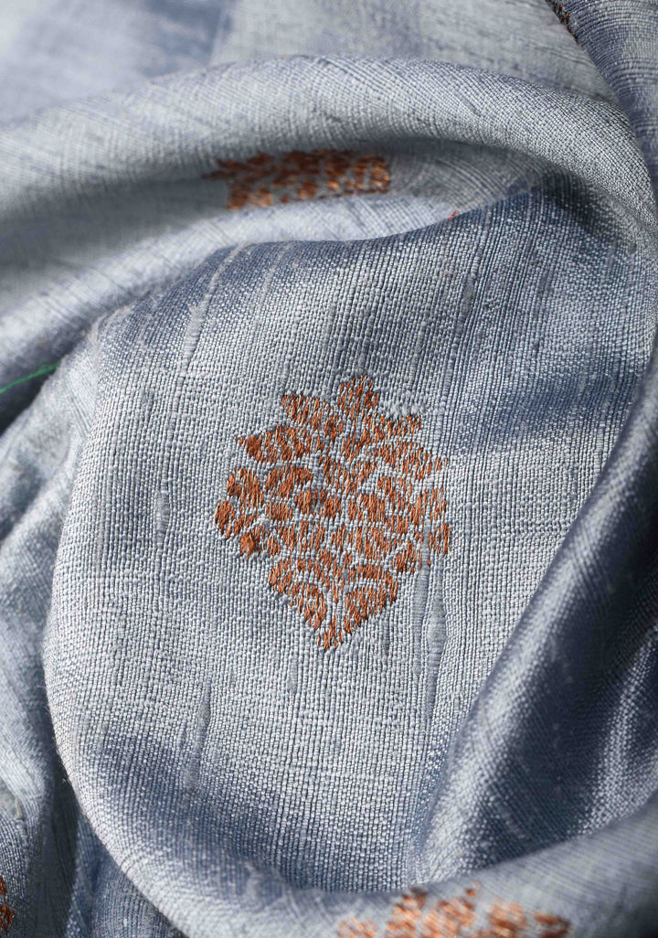 Gray Banarasi Raw Silk Saree with Antique Zari Buttas and Zari Border | SILK MARK CERTIFIED