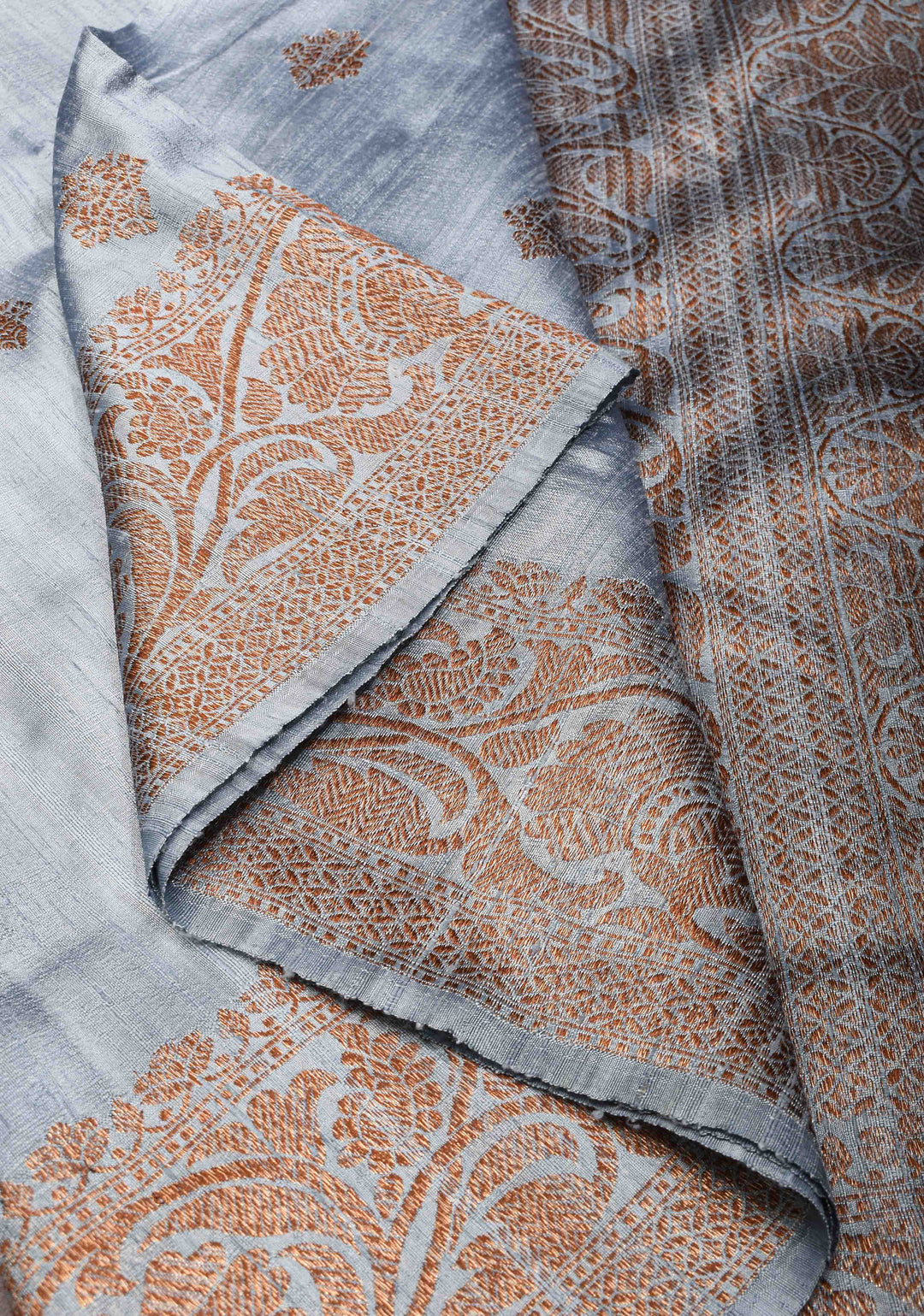 Gray Banarasi Raw Silk Saree with Antique Zari Buttas and Zari Border | SILK MARK CERTIFIED