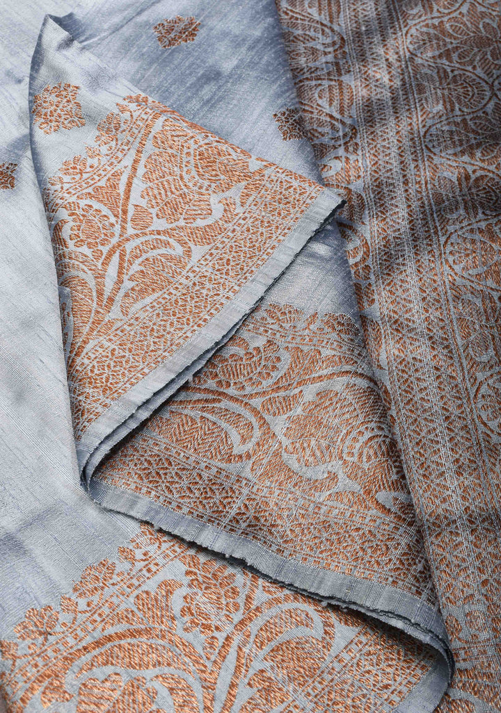 Gray Banarasi Raw Silk Saree with Antique Zari Buttas and Zari Border | SILK MARK CERTIFIED