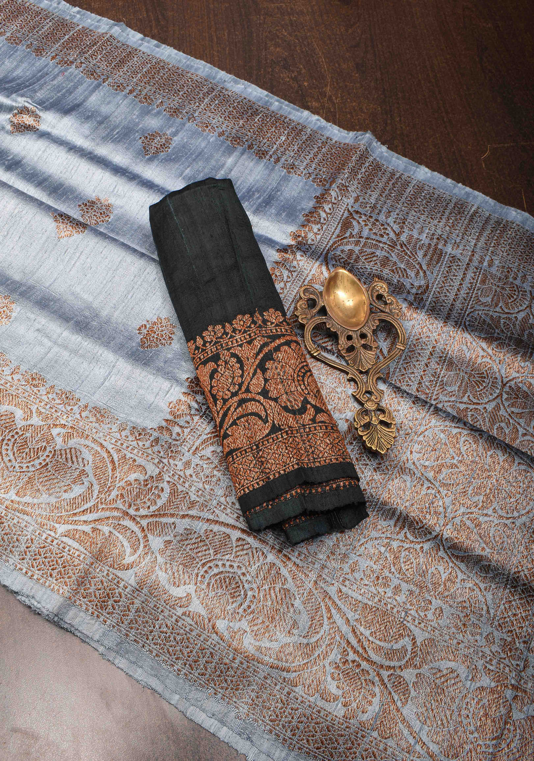 Gray Banarasi Raw Silk Saree with Antique Zari Buttas and Zari Border | SILK MARK CERTIFIED