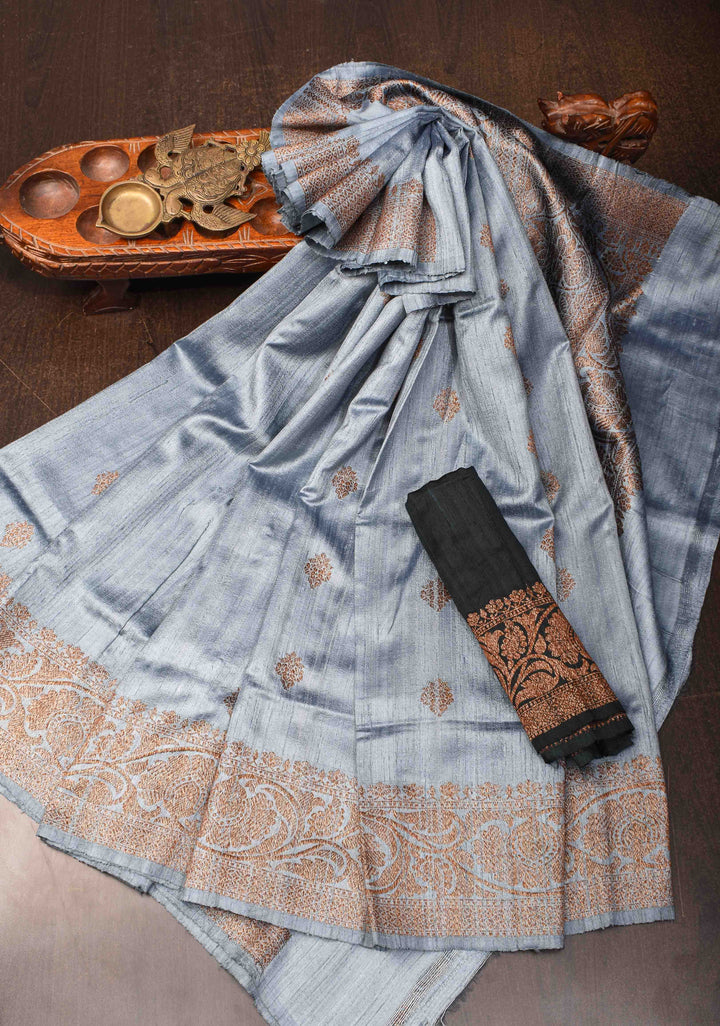 Gray Banarasi Raw Silk Saree with Antique Zari Buttas and Zari Border | SILK MARK CERTIFIED