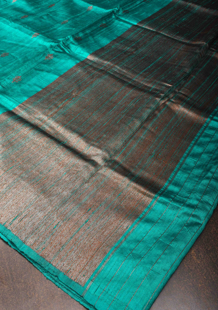 Turquoise Banarasi Raw Silk Saree with Antique Zari Buttis and Distinct Mandala Motifs on Border | SILK MARK CERTIFIED