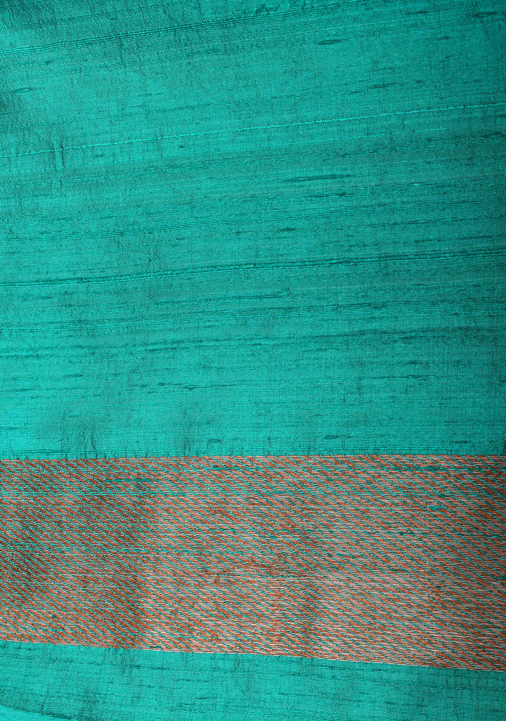 Turquoise Banarasi Raw Silk Saree with Antique Zari Buttis and Distinct Mandala Motifs on Border | SILK MARK CERTIFIED