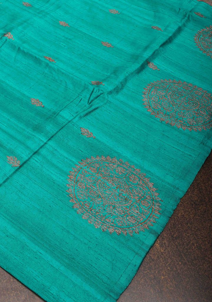 Turquoise Banarasi Raw Silk Saree with Antique Zari Buttis and Distinct Mandala Motifs on Border | SILK MARK CERTIFIED