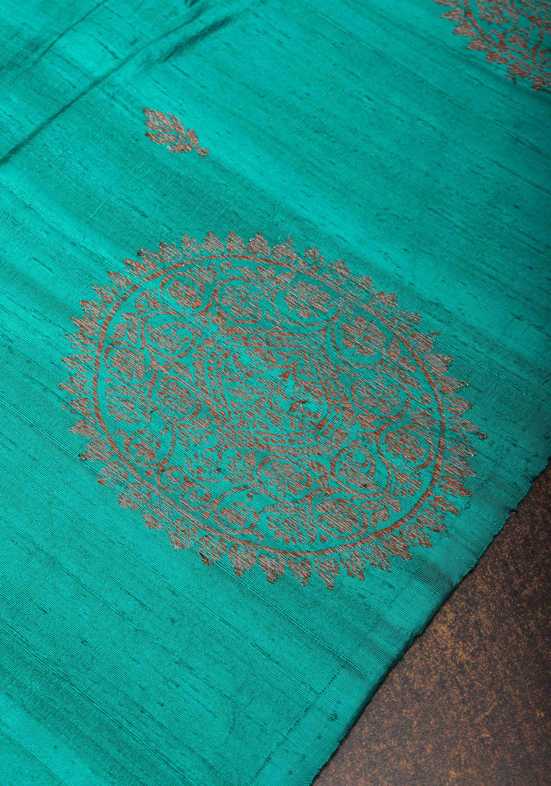 Turquoise Banarasi Raw Silk Saree with Antique Zari Buttis and Distinct Mandala Motifs on Border | SILK MARK CERTIFIED