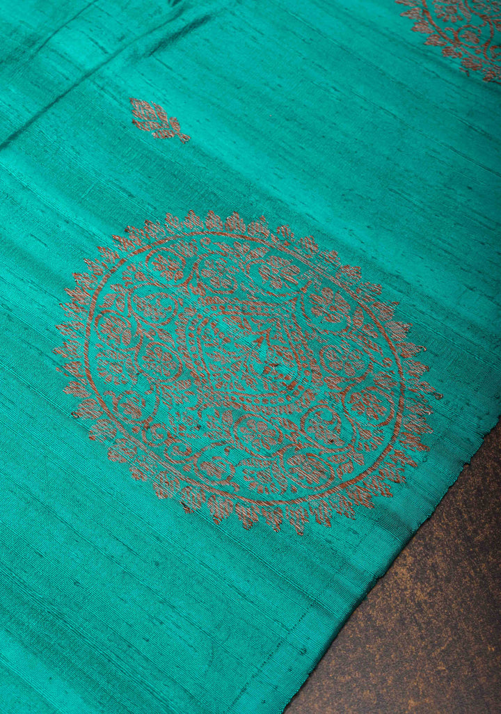 Turquoise Banarasi Raw Silk Saree with Antique Zari Buttis and Distinct Mandala Motifs on Border | SILK MARK CERTIFIED