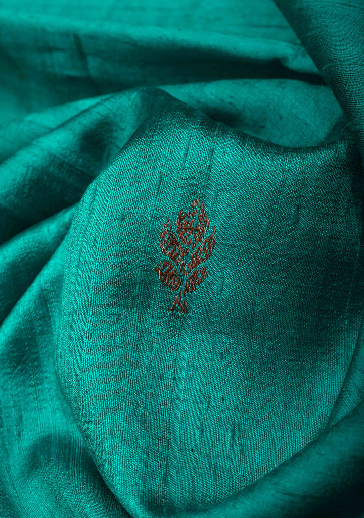 Turquoise Banarasi Raw Silk Saree with Antique Zari Buttis and Distinct Mandala Motifs on Border | SILK MARK CERTIFIED