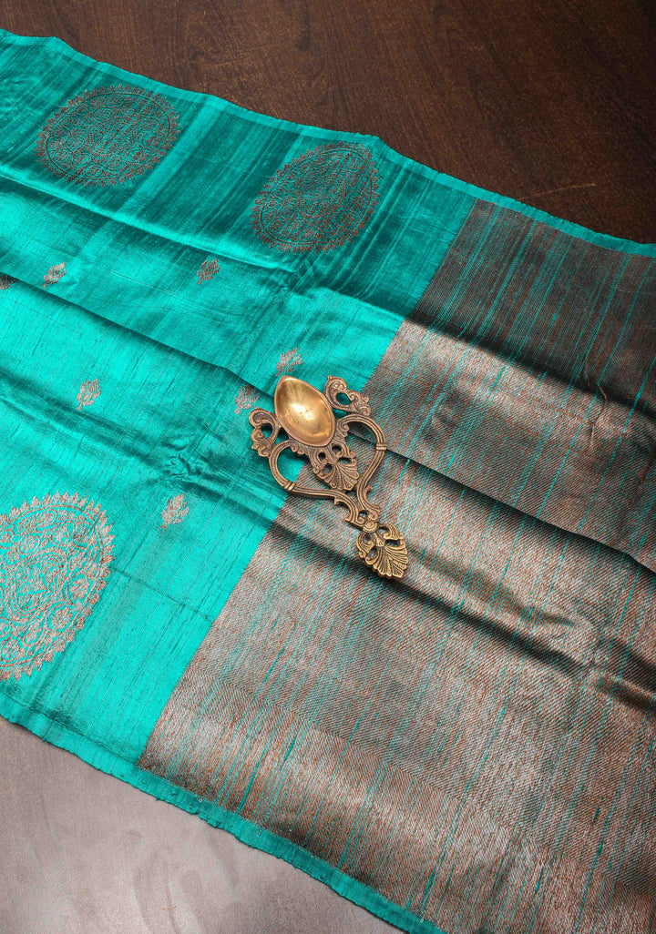 Turquoise Banarasi Raw Silk Saree with Antique Zari Buttis and Distinct Mandala Motifs on Border | SILK MARK CERTIFIED