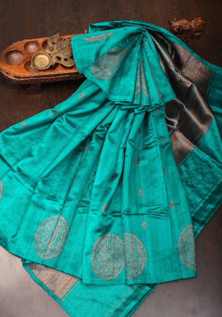 Turquoise Banarasi Raw Silk Saree with Antique Zari Buttis and Distinct Mandala Motifs on Border | SILK MARK CERTIFIED