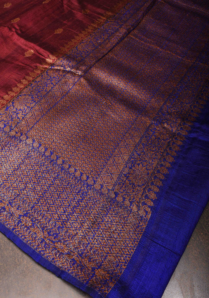 Burgundy Banarasi Raw Silk Saree with Antique Zari Buttis and Contrast Zari Border | SILK MARK CERTIFIED