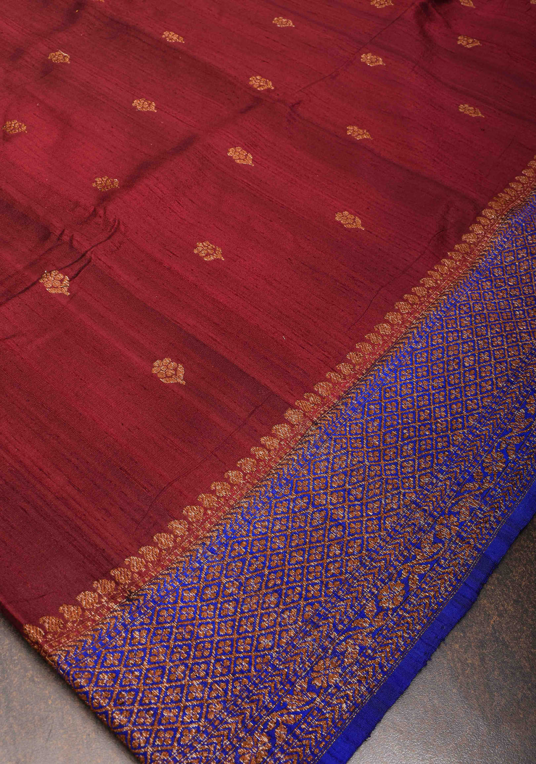 Burgundy Banarasi Raw Silk Saree with Antique Zari Buttis and Contrast Zari Border | SILK MARK CERTIFIED