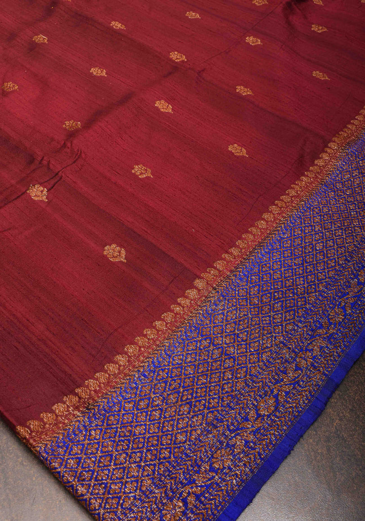 Burgundy Banarasi Raw Silk Saree with Antique Zari Buttis and Contrast Zari Border | SILK MARK CERTIFIED
