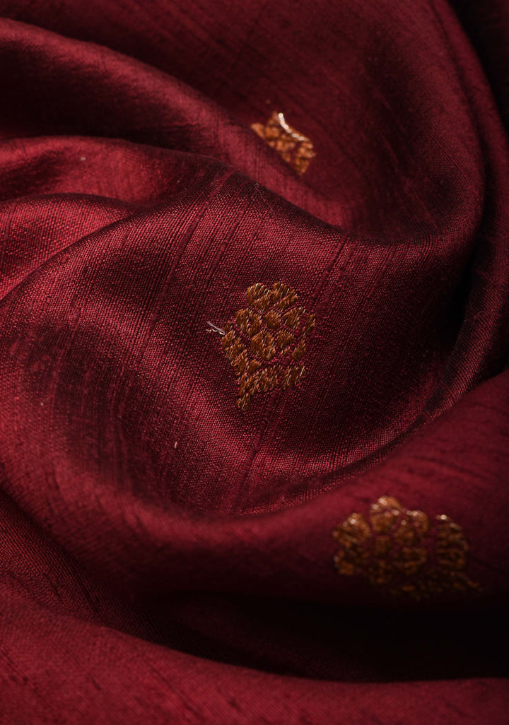 Burgundy Banarasi Raw Silk Saree with Antique Zari Buttis and Contrast Zari Border | SILK MARK CERTIFIED