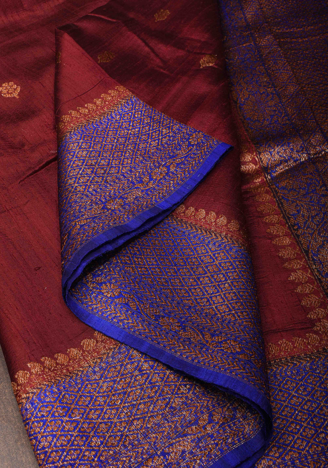 Burgundy Banarasi Raw Silk Saree with Antique Zari Buttis and Contrast Zari Border | SILK MARK CERTIFIED