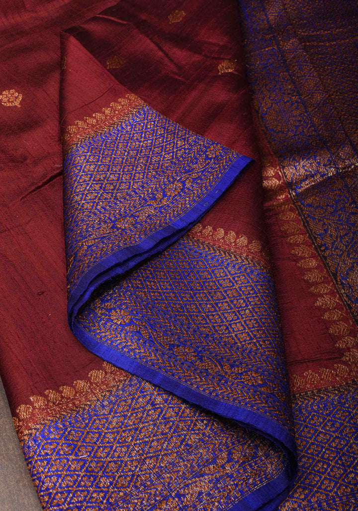 Burgundy Banarasi Raw Silk Saree with Antique Zari Buttis and Contrast Zari Border | SILK MARK CERTIFIED