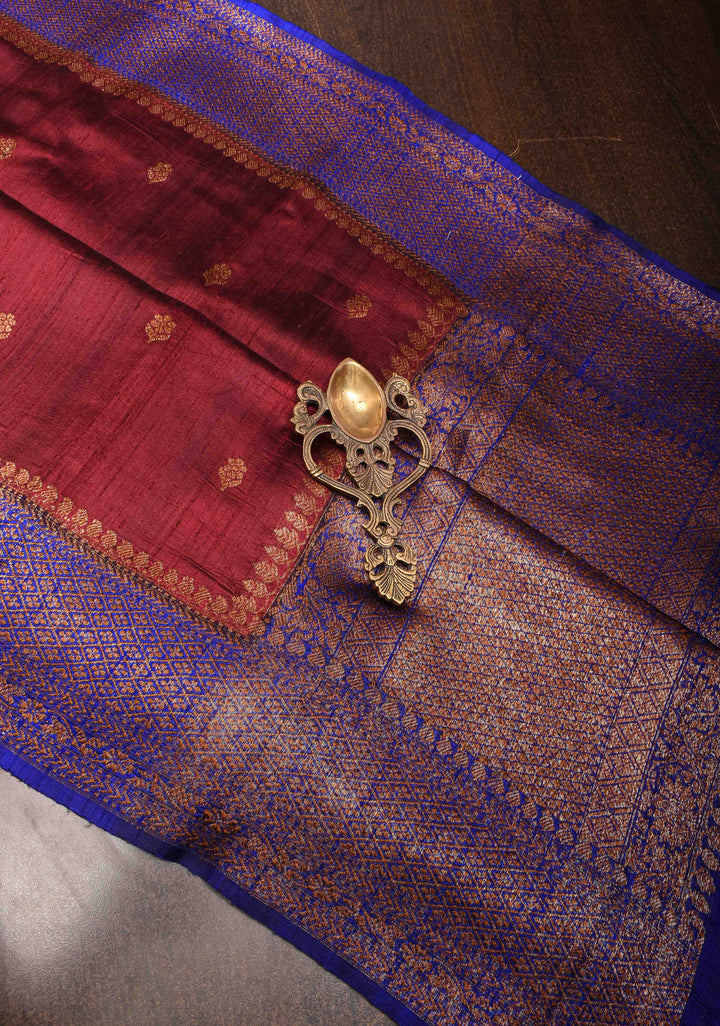 Burgundy Banarasi Raw Silk Saree with Antique Zari Buttis and Contrast Zari Border | SILK MARK CERTIFIED