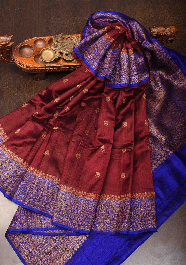 Burgundy Banarasi Raw Silk Saree with Antique Zari Buttis and Contrast Zari Border | SILK MARK CERTIFIED