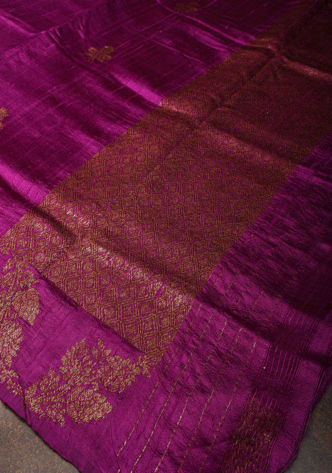 Magenta Banarasi Raw Silk Saree with Antique Floral Zari Buttas and Leheria Border | SILK MARK CERTIFIED